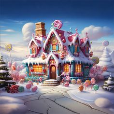 a christmas house with candy and lollipops in the snow