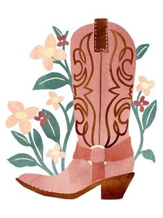 a drawing of a cowboy boot with flowers on the side and leaves in the back