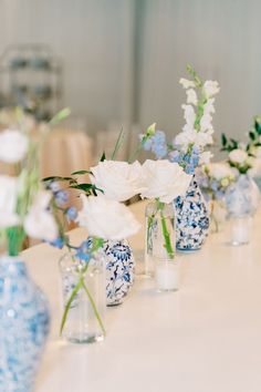 Classic Southern White and Blue Wedding Reception with Chinoiserie China Vases and Simple White Floral Centerpieces Wedding Table Decorations Blue And White, Wedding Cocktail Hour Table Decor, Centerpieces Blue And White, Wooden Table Decorations Wedding, Vase Wedding Decor, White And Blue Engagement Party, White And Blue Wedding Reception, Blue And White Christmas Wedding