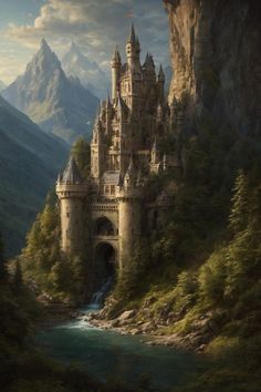 a painting of a castle in the middle of a mountain with a river running through it