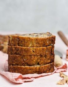 a stack of slices of banana bread sitting on top of a table