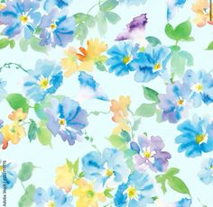 blue and yellow flowers on a light blue background