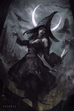 a woman dressed as a witch holding a book in front of a full moon and flying bats