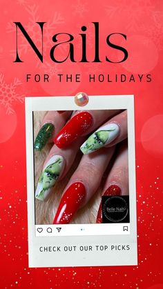 Christmas nail art designs you can do at home or bring to your nail tech! Christmas nail ideas. Christmas nails acrylic. Simple Christmas nails, trendy Christmas nails, Xmas acrylic nails, holiday nails winter for Christmas. Cute Christmas nail designs. Matte winter nails. Sparkle Christmas nails acrylic. Long Christmas nail designs. The grinch Christmas nail design. Candy cane nails. Gold Christmas nail designs. Short Christmas nail designs.