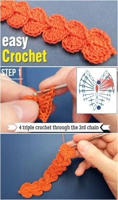 the instructions for crochet are shown in three different pictures, one is showing how to