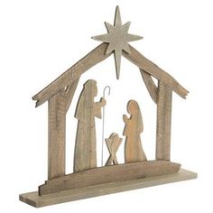 a wooden nativity scene with a star above the manger and two people in it