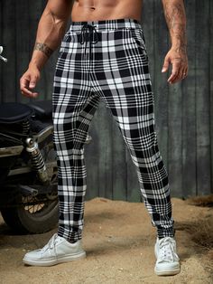 Black and White Casual Collar  Fabric Plaid Jogger Embellished Slight Stretch  Men Clothing Slim Dress Pants, Drawstring Waist Pants, Men Tracksuit, Mens Fashion Wear, Men Stylish Dress, Guys Clothing Styles, Men Pants, Tartan Fabric, Fashion Suits For Men