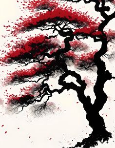 a painting of a tree with red leaves