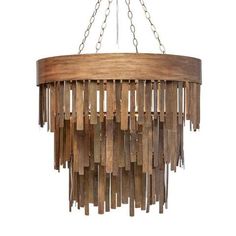 a wooden chandelier with chains hanging from it's center and bottom part