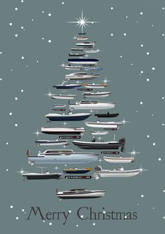 a christmas tree made out of boats in the snow with merry lettering on top and bottom