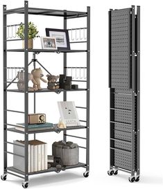 a metal shelf with books and other items on it, next to another shelving unit