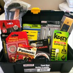 Tool Box Made Of Plastic That Includes Tools Along With Supplies. Included Is A Toolbox, Hammer, Picture Hanging Kit, Level, Tape Measure, Safety Scraper With Blades, 2 Aa Batteries, Magnetic Screw Drivers, Hex Key Wrench Set, Long Nose Plier. Perfect Box For The Single Mom/Woman Or Young Man Just Starting Out. Screw Drivers, Baskets For Men, Hex Key, Wrench Set, Tape Measure, Picture Hanging, Tool Box, Tools