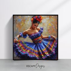 a painting of a woman in a colorful dress with flowers on her head and arms