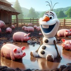 the frozen queen is surrounded by pigs in a muddy area with a barn and fence behind her