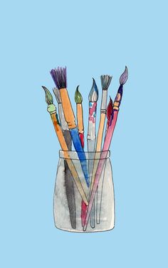 a glass filled with lots of different colored pencils on top of a blue background