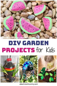 kids's garden projects that include watermelon, plants and rocks with text overlay