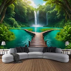 a living room scene with a couch and large wall mural depicting a waterfall in the background