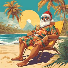 a man sitting in a chair on the beach wearing sunglasses and a santa claus hat