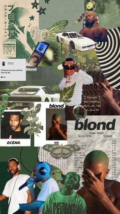 the collage has many different images and words on it, including an image of a man