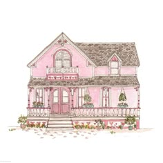 a drawing of a pink house with flowers on the front porch and balcony railings