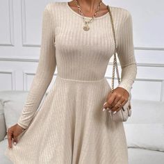 Never Worn, Size S Cheap Beige Long Sleeve Dresses, Beige Ribbed Dress For Spring, Beige Ribbed Mini Dress For Winter, Ribbed Beige Mini Dress For Spring, Beige Ribbed Sweater Dress For Spring, Casual Beige Stretch Sweater Dress, Casual Beige Ribbed Dress, Casual Cream Ribbed Dress, Casual Ribbed Beige Dress