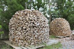 a pile of logs sitting on top of a wooden pallet