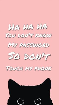 a black cat with the words ha ha ha you don't know my pastword so don't touch my phone