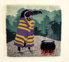 a painting of a bird wearing a purple and yellow striped coat standing next to a cauldster