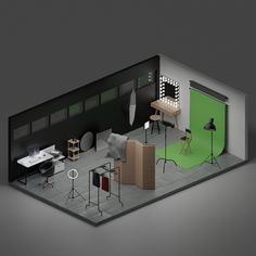 an image of a studio setting with green screen and lighting equipment on the floor in front of it