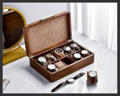 PREMIUM QUALITY: Made of highly durable and natural Acacia wood, the Shanik watch box is a well-crafted luxury organizer that will serve you for ages. Being covered with smooth and soft velvet inside, it's easy to clean and pleasant to the touch. LARGE STORAGE INSIDE: This capacious watch storage box features 10 separate slots to keep different types of watches, slots for smaller things such as AirPods, keychain, and other belongings. Want to keep everything in order? Shanik watch box will easil Groom Watch, Large Keepsake Box, Watch Box For Men, Wood Organizer, Wood Watch Box, Personalized Watch, Mens Watch Box, Watch Organizer, Wooden Organizer