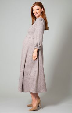 Be the classiest mama in town with our Vivian maternity and nursing dress. Created in a sumptuous ribbed knit jersey with a hint of sparkle, this midi-length nursing style has all the flare you need for effortless glamour in every way. Featuring concealed side pockets in the skirt and relaxed wrist-length sleeves. Simply lift the front panel for discreet access to nursing pockets. This dress is for keeps whatever the event. Light chocolate brown ribbed knit maternity and nursing midi dress Soft Nursing Style, Maternity Occasion Dress, Nursing Gown, Dress Sparkle, Tiffany Rose, Chiffon Lace Dress, Cord Dress, Kimono Maxi Dress, For Keeps