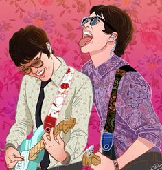 two young men are playing guitars together in front of a pink wall with floral designs