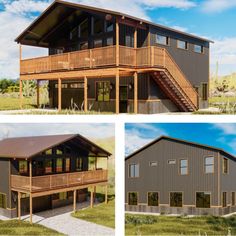 three different views of a two story house with porches and balconies on the second floor