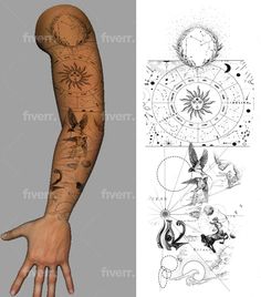 an arm with tattoos on it next to a drawing of a hand and the image of a