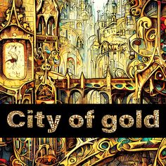 the city of gold is surrounded by intricately designed buildings and ornate clock faces, as well as lettering