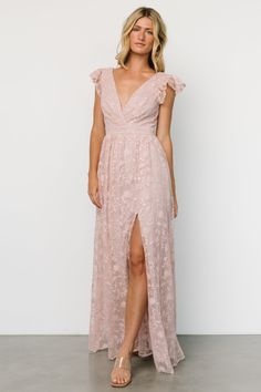 Alexa Embroidered Sequin Maxi Dress | Blush Rose - Baltic Born Blush Bridesmaid Dresses Long, Pink Flowy Dress, Blush Pink Dress, Bridesmaid Ideas, Gold Bridesmaid Dresses, Blush Pink Dresses, Baltic Born, Midi Dress Style, Bridesmaid Dress Colors