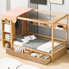 a bunk bed with drawers underneath it