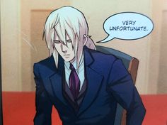 an anime character sitting in a chair with a speech bubble above his head that says very unfortunate