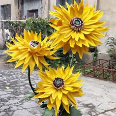 three yellow sunflowers are in a vase on the side of the road near an old building