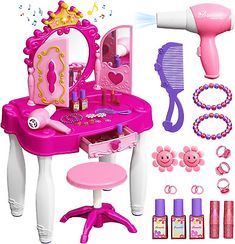 Find ideas๏ฟฝand inspiration for Eohemeral Toddler Makeup Table with Mirror and Chair, Kids Makeup Vanity Set and, Furniture Kids Makeup Vanity, Toddler Vanity, Toddler Makeup, Makeup Table With Mirror, Vanity Set With Lights, Girls Vanity, Makeup Vanity Lighting, Makeup Stand, Vanity Makeup Table