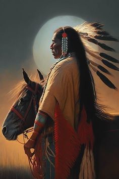 a native american man standing next to a horse