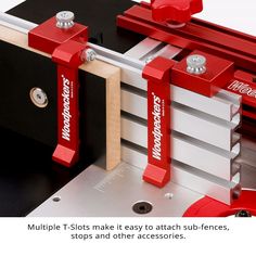 a close up of a machine tool with the words multiple t - slots make it easy to attach sub - fences, stops and other accessories