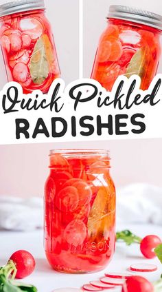 two jars filled with pickled radishes and the words quick pickled radishes