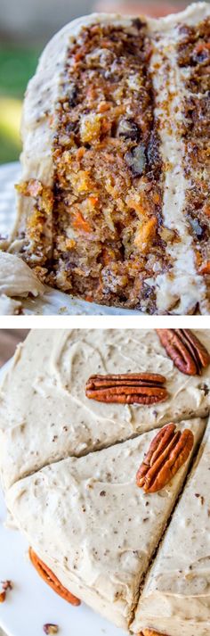 two pictures one with carrots and the other with cream cheese on top that has pecans in it