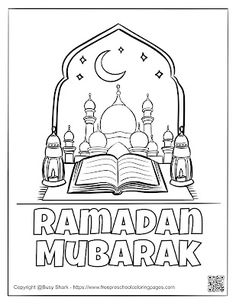 the rama mubarak coloring page with an open book and mosques in the background