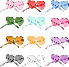 heart shaped sunglasses are shown in different colors