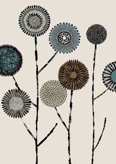 an abstract painting of flowers on a white background with black and brown lines in the center