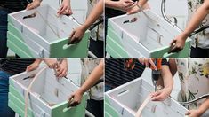 four pictures showing how to use scissors in boxes