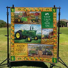 a quilt with pictures of farm vehicles on it