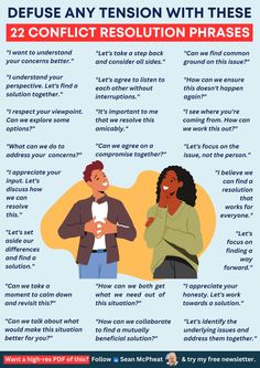 an info poster with two people talking to each other and the text below reads, refuse any tension with these conflict resolution phrases